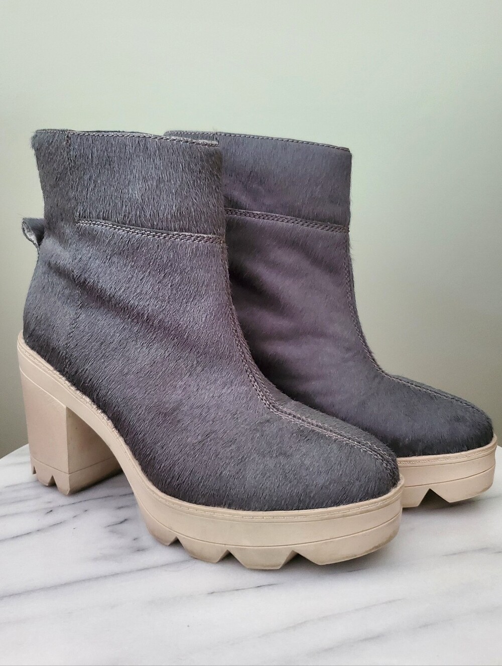 10 Crosby Derek Lam Grey Cow Hide Fur Chunky Platform Booties